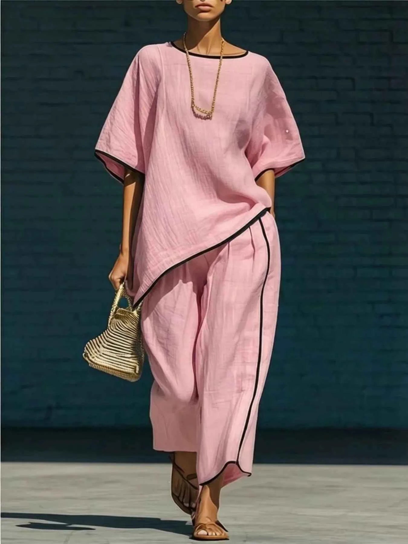 Full Size Contrast Trim Half Sleeve Top and Pants Set Plus Size Trendsi Pink S