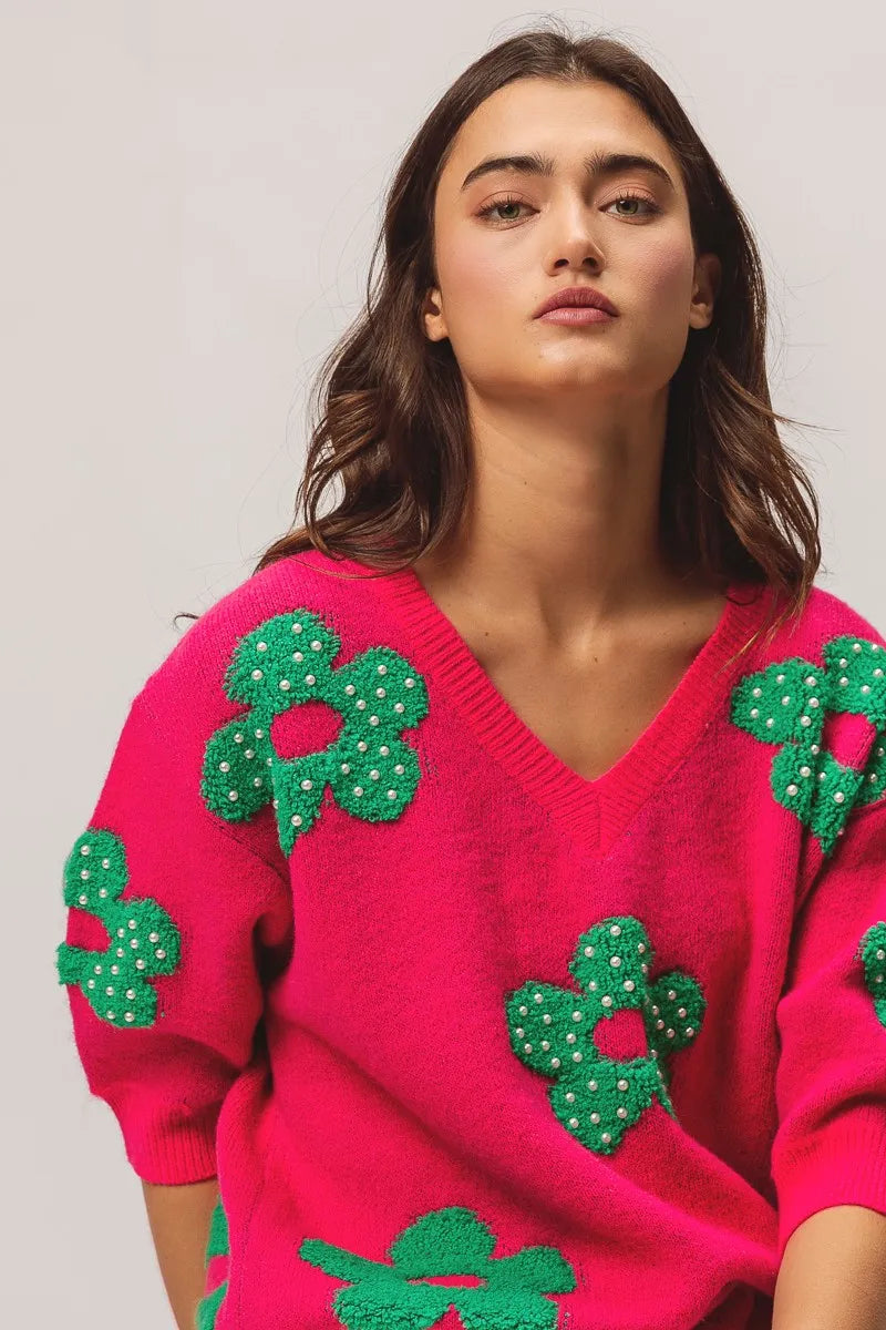TEEK - Fuchsia Jade Pearl Beads Flowers Sweater Top TOPS TEEK Trend