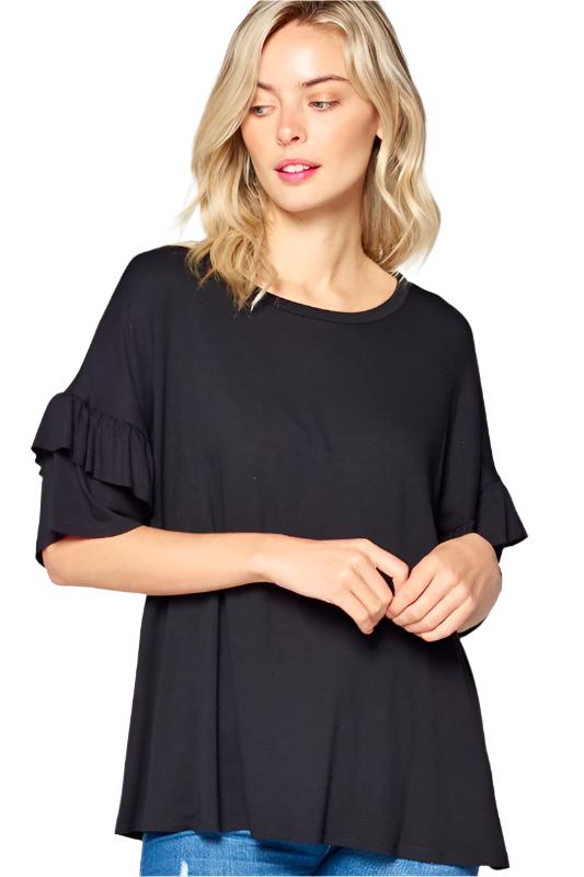 TEEK - PLUS SIZE SOLID RUFFLE SLEEVE TOP TOPS TEEK FG Black 1X 