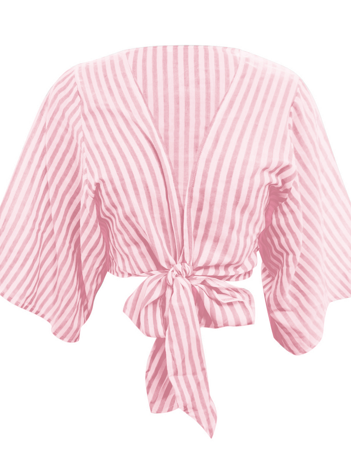 TEEK - Pink Striped Cropped V-Neck Tie Front Flare Sleeve Blouse TOPS TEEK W S  