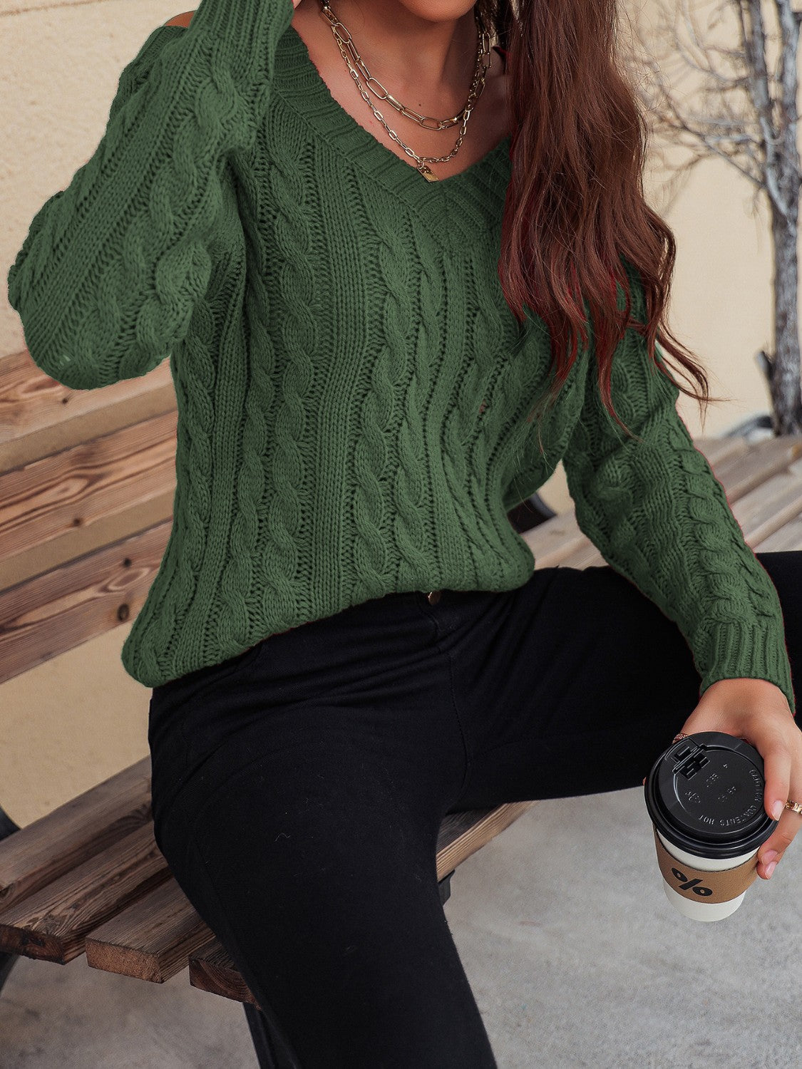 TEEK - Honey Cable-Knit V-Neck Cold Shoulder Sweater TOPS TEEK Trend