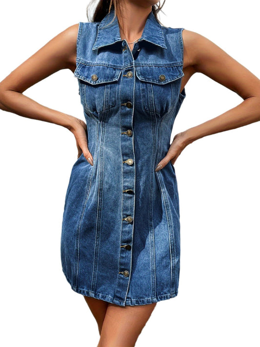 TEEK - Pocketed Button Up Sleeveless Denim Dress DRESS TEEK Trend XS  