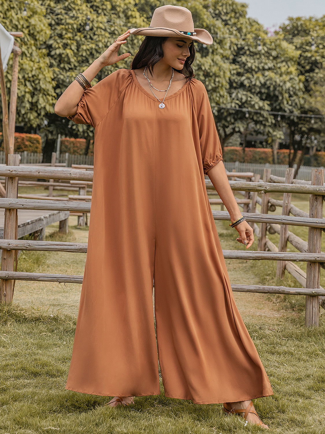 TEEK - Caramel Scoop Neck Half Sleeve Wide Leg Jumpsuit JUMPSUIT TEEK Trend   