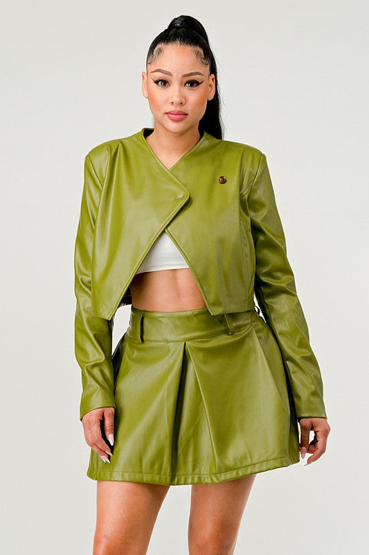 TEEK - Green Button Up Pu Leather jacket Skirt Set SET TEEK FG   