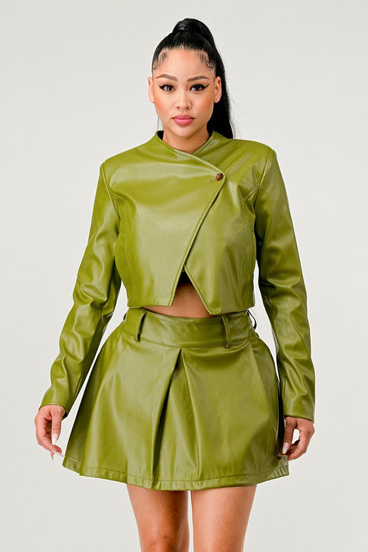 TEEK - Green Button Up Pu Leather jacket Skirt Set SET TEEK FG   