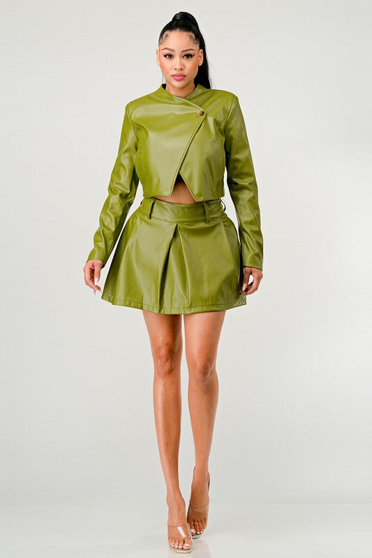 TEEK - Green Button Up Pu Leather jacket Skirt Set SET TEEK FG   