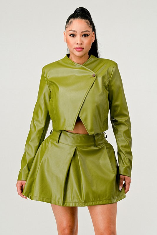 TEEK - Green Button Up Pu Leather jacket Skirt Set SET TEEK FG   