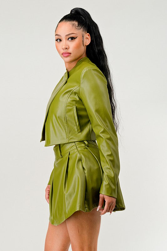 TEEK - Green Button Up Pu Leather jacket Skirt Set SET TEEK FG   