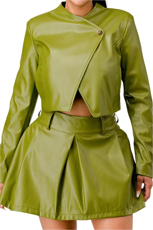 TEEK - Green Button Up Pu Leather jacket Skirt Set SET TEEK FG S  