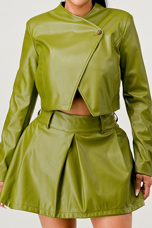 TEEK - Green Button Up Pu Leather jacket Skirt Set SET TEEK FG S  