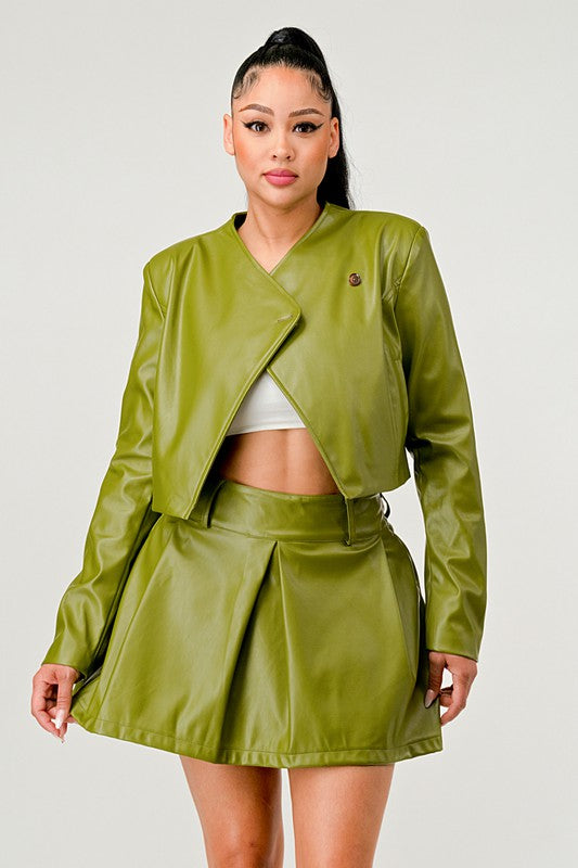 TEEK - Green Button Up Pu Leather jacket Skirt Set SET TEEK FG   