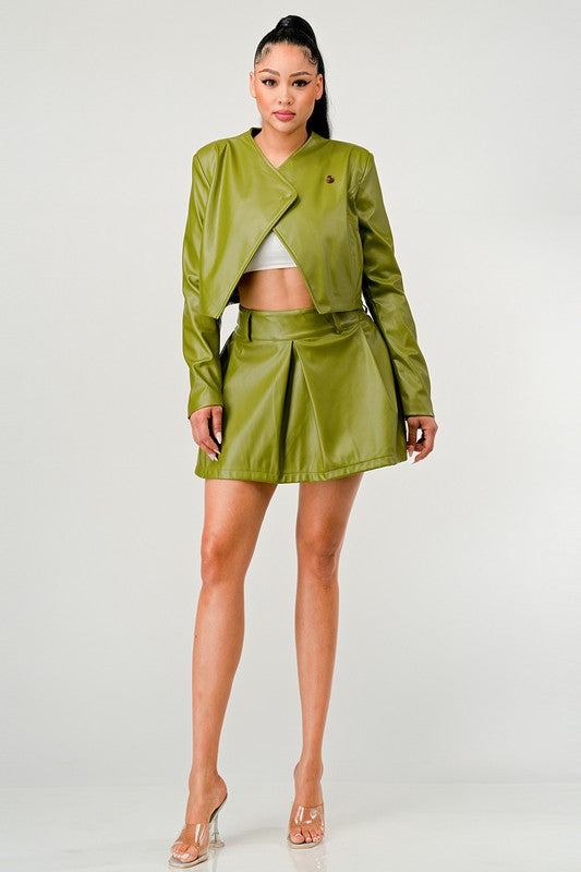 TEEK - Green Button Up Pu Leather jacket Skirt Set SET TEEK FG   