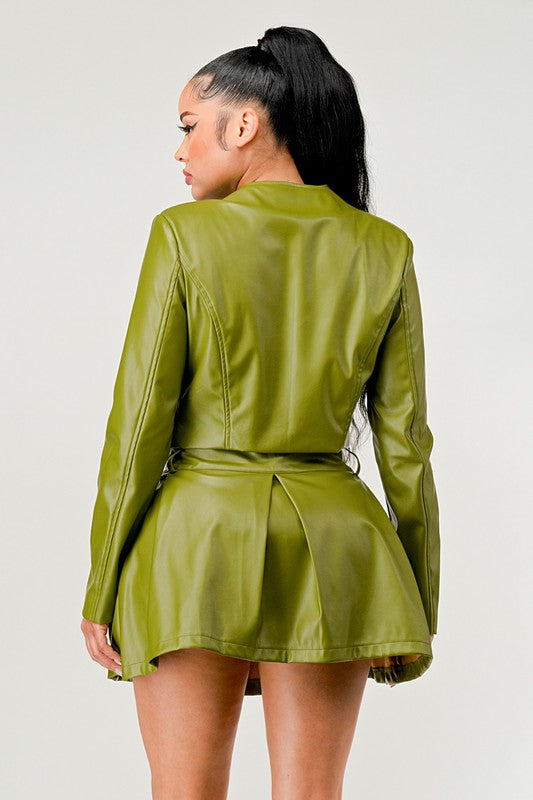 TEEK - Green Button Up Pu Leather jacket Skirt Set SET TEEK FG   