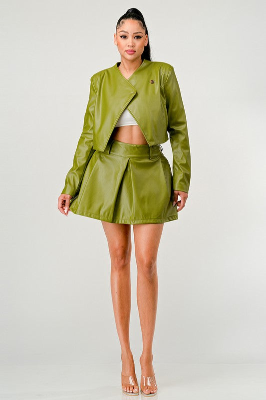 TEEK - Green Button Up Pu Leather jacket Skirt Set SET TEEK FG   