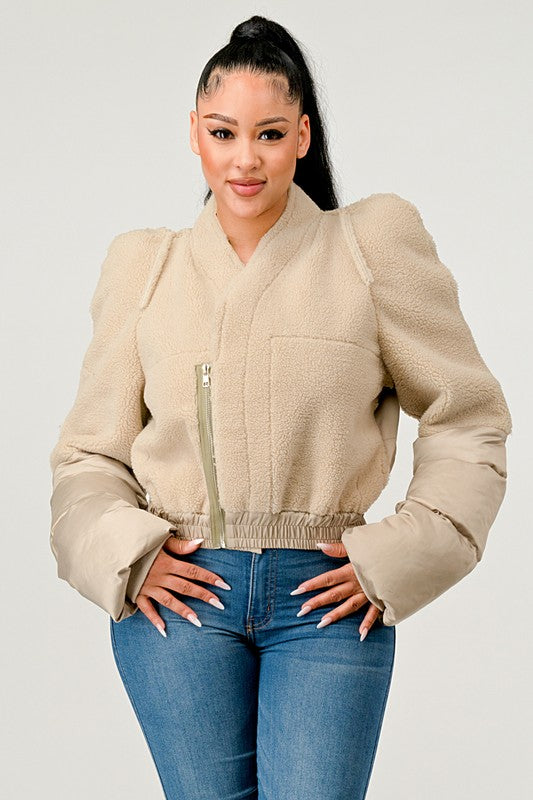 TEEK - Cream Plush Puff Sleeve Bomber Jacket JACKET TEEK FG   