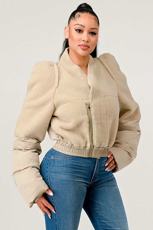 TEEK - Cream Plush Puff Sleeve Bomber Jacket JACKET TEEK FG   