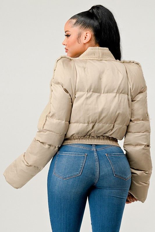 TEEK - Cream Plush Puff Sleeve Bomber Jacket JACKET TEEK FG   