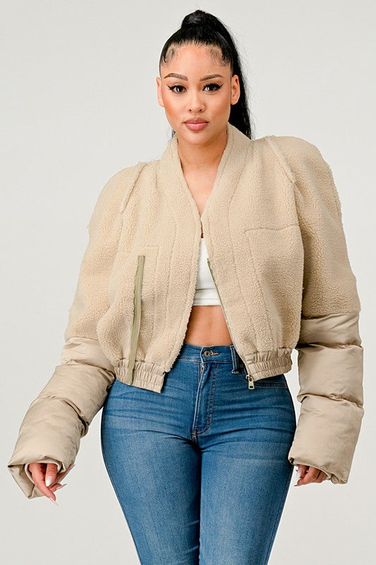 TEEK - Cream Plush Puff Sleeve Bomber Jacket JACKET TEEK FG   