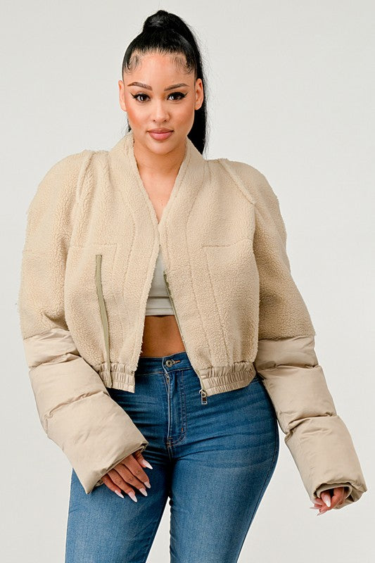 TEEK - Cream Plush Puff Sleeve Bomber Jacket JACKET TEEK FG   