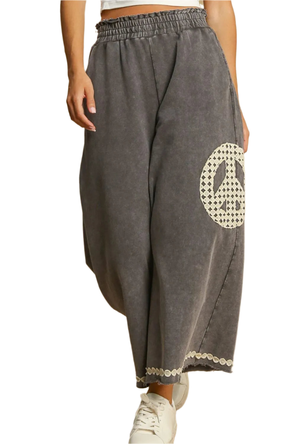 TEEK - Charcoal Peace Lace Applique Mineral Wash Wide Leg Pants PANTS TEEK Trend S