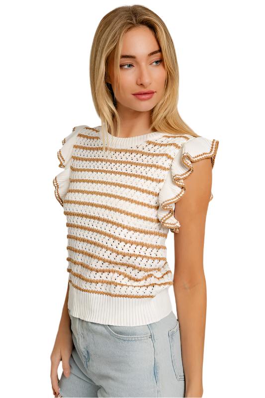 TEEK - Round Neck Ruffle Sleeve Stripe Knit Top TOPS TEEK FG