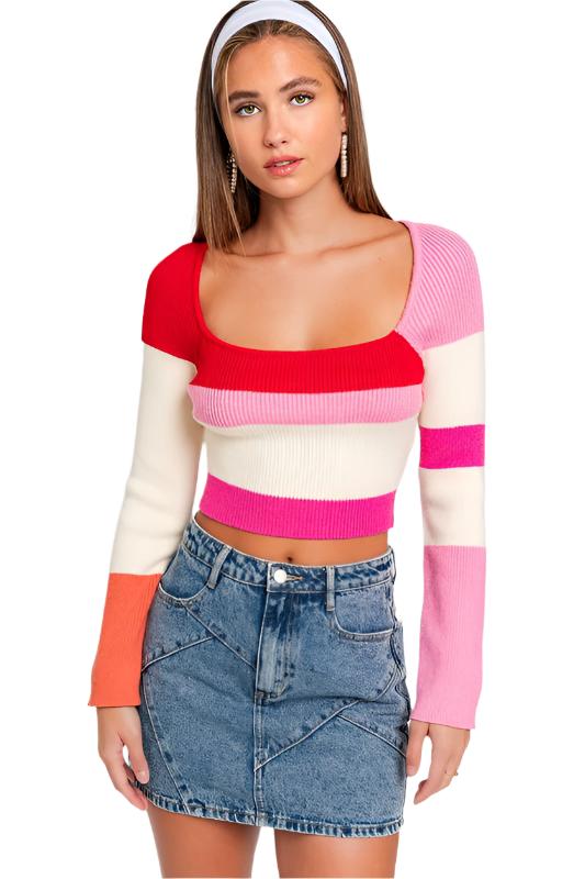 TEEK - Red Multi Long Sleeve Color Block Stripe Knit Top TOPS TEEK FG