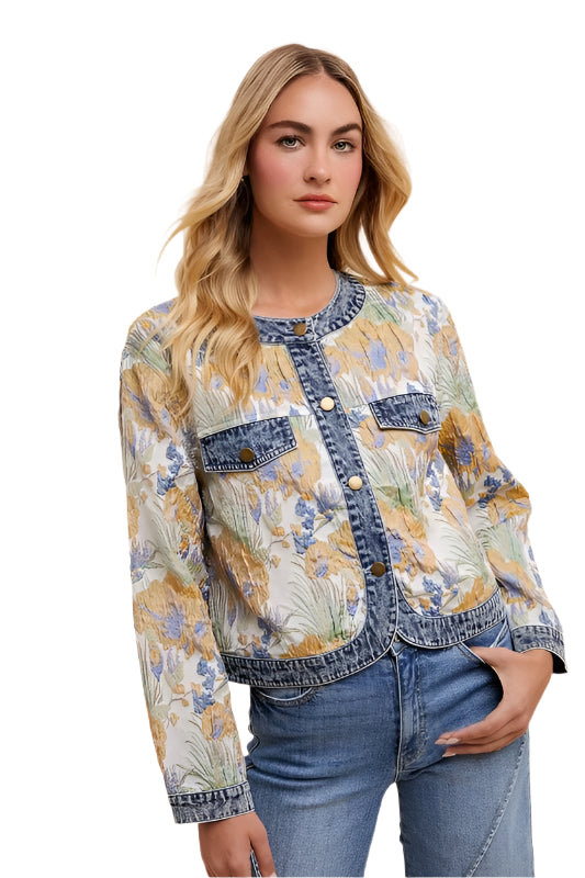 TEEK - Floral Jacquard Denim Contrast Button Down Jacket JACKET TEEK Trend