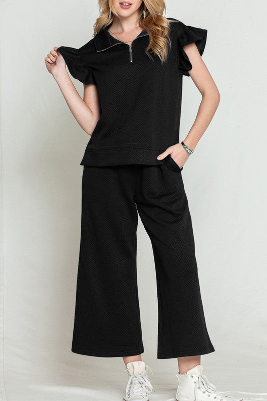 TEEK - Black Ruffled Cap Sleeve Top Wide Leg Pants Set SET TEEK FG   