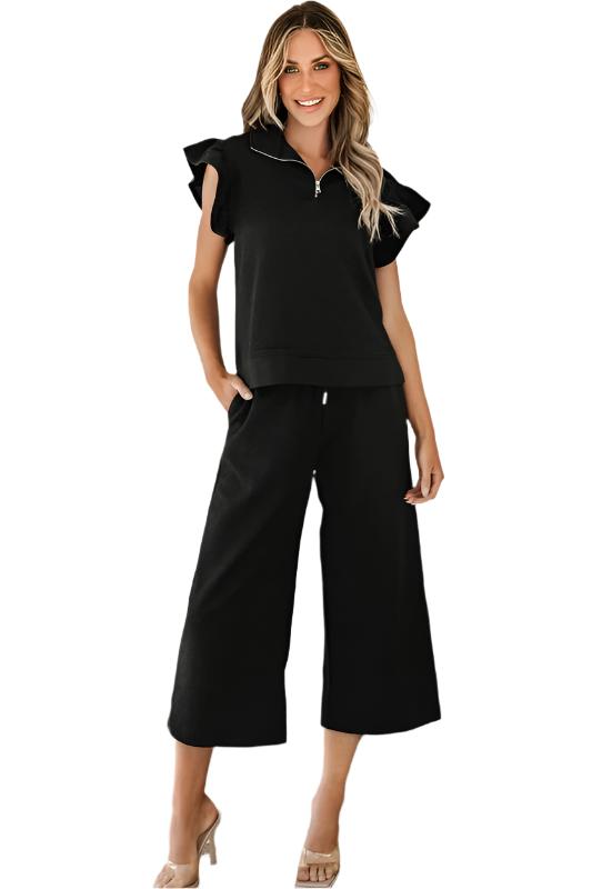 TEEK - Black Ruffled Cap Sleeve Top Wide Leg Pants Set SET TEEK FG   