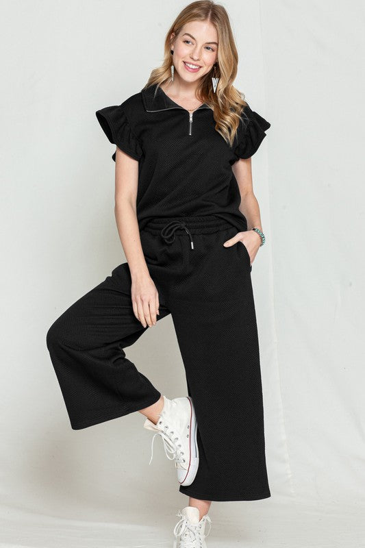 TEEK - Black Ruffled Cap Sleeve Top Wide Leg Pants Set SET TEEK FG M  