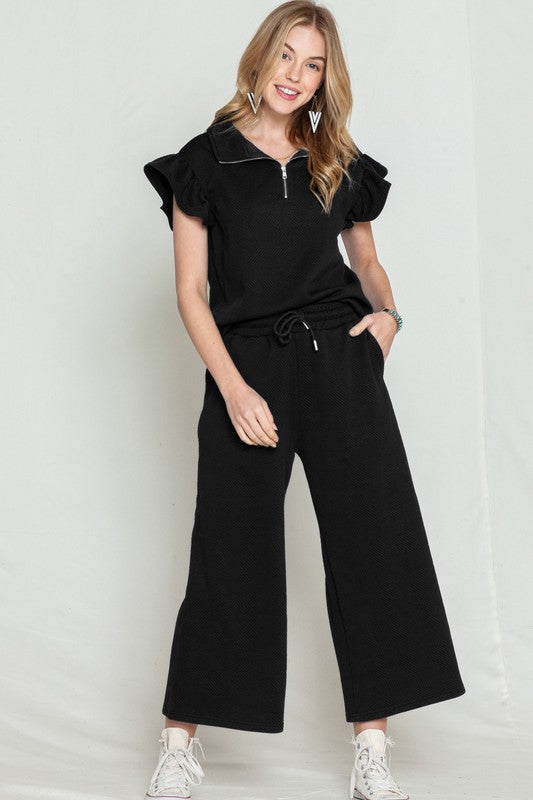 TEEK - Black Ruffled Cap Sleeve Top Wide Leg Pants Set SET TEEK FG   