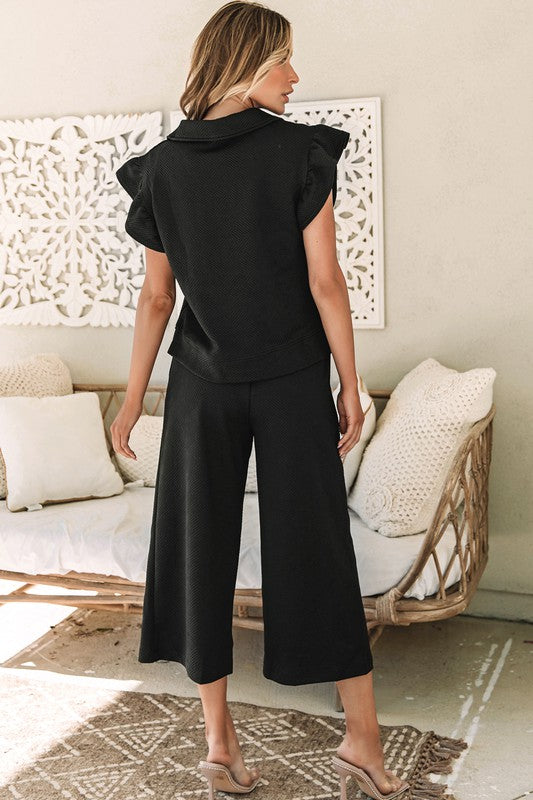 TEEK - Black Ruffled Cap Sleeve Top Wide Leg Pants Set SET TEEK FG   