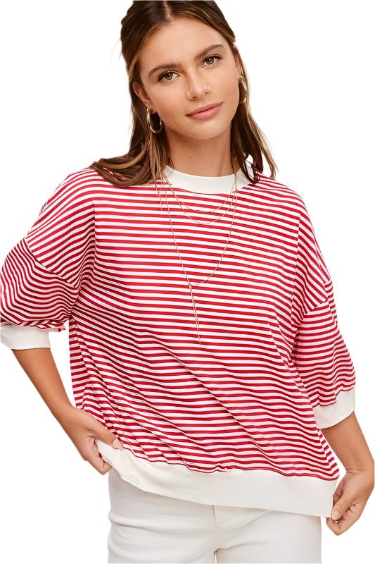 TEEK - Crew Neck Stripe Short Sleeve Top TOPS TEEK FG TOMATO S 