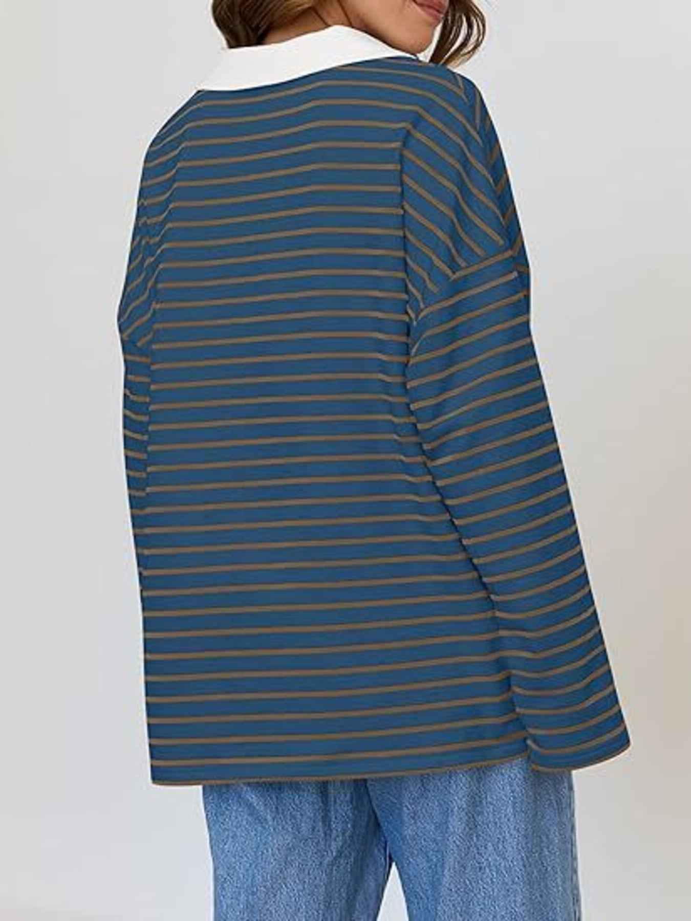Striped Contrast Collar Long Sleeve Top Trendsi