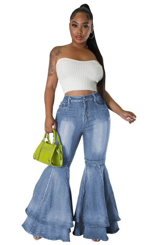 TEEK - RUFFLE LAYERED FLARED DENIM PANTS JEANS TEEK FG   