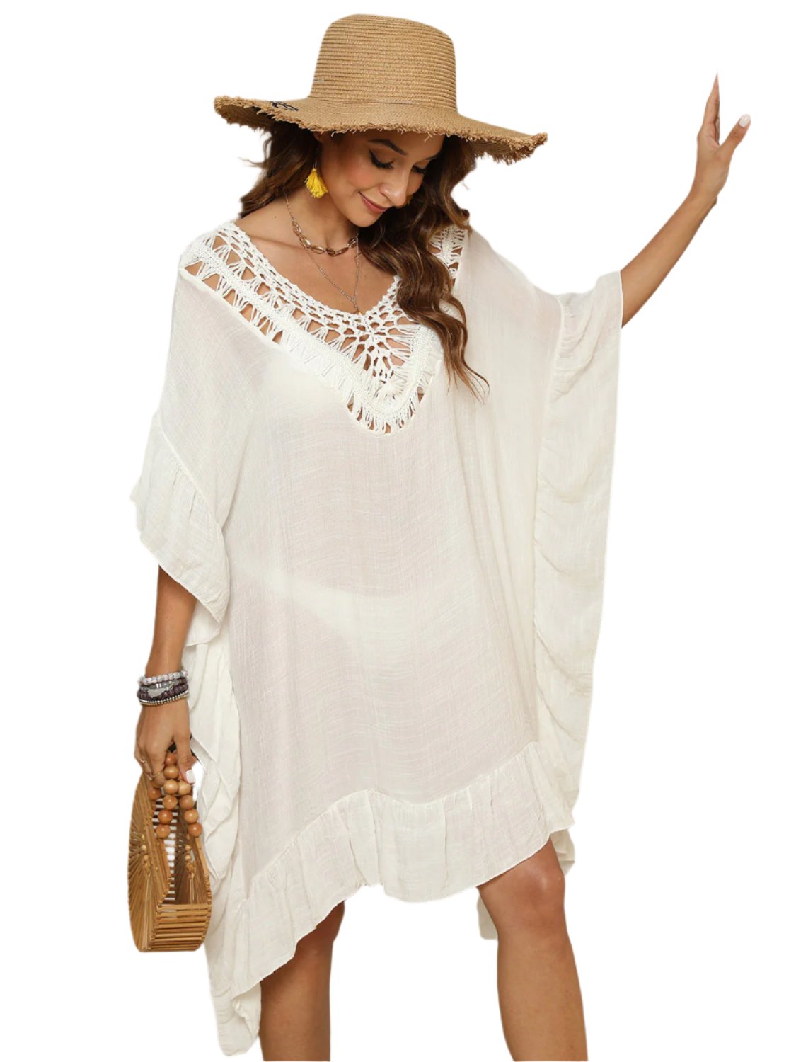 TEEK - Cutout Ruffled Half Sleeve Cover-Up SHAWL TEEK Trend Ivory One Size 