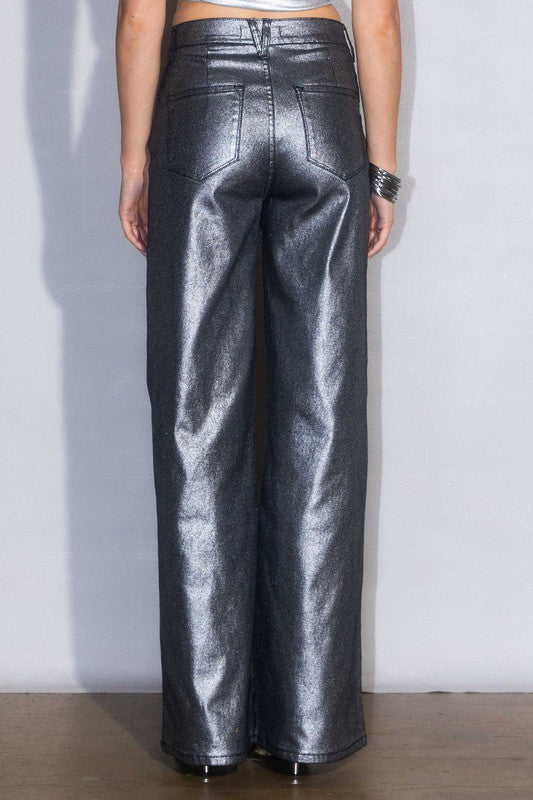 TEEK - Silver Metallic High Rise Wide Jeans PANTS TEEK FG   
