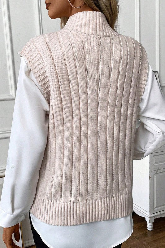 TEEK - Beige Ribbed High Neck Knit Sweater Vest SWEATER TEEK FG   