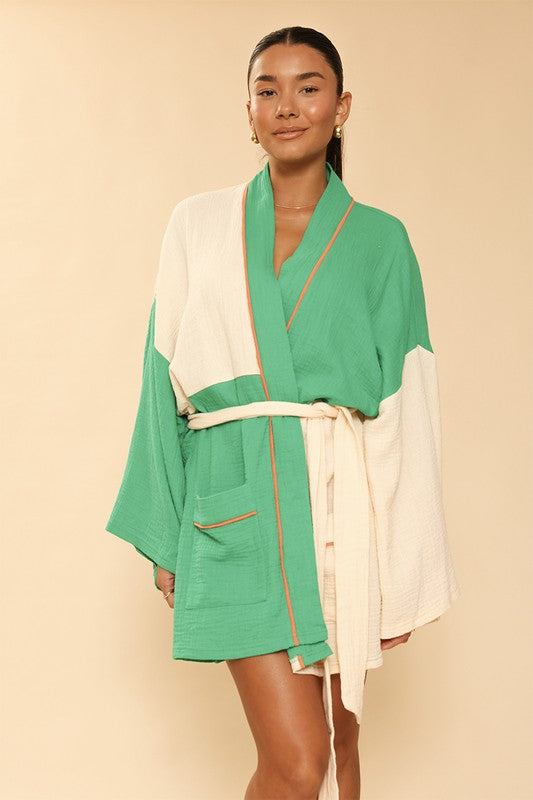 TEEK - Green Cream Two Tone Kimono Robe ROBE TEEK FG S  