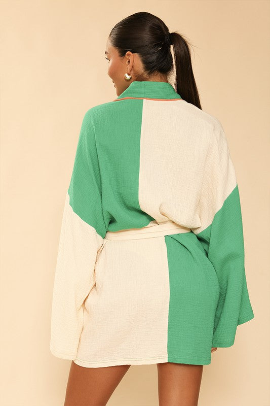 TEEK - Green Cream Two Tone Kimono Robe ROBE TEEK FG   