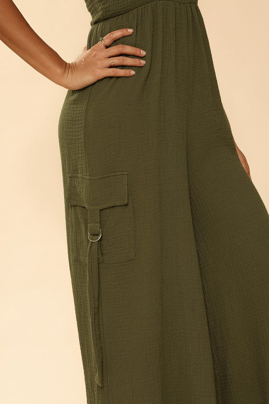 TEEK - Olive Smocked Wide Leg Cargo Jumpsuit JUMPSUIT TEEK FG   