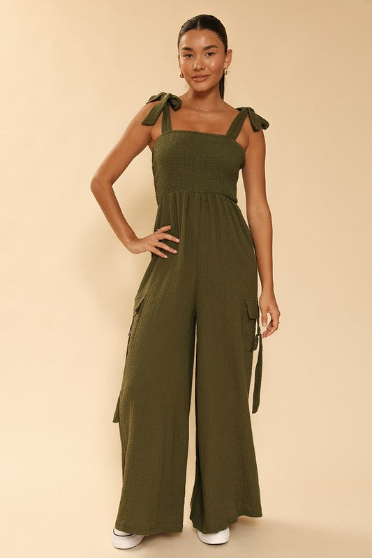 TEEK - Olive Smocked Wide Leg Cargo Jumpsuit JUMPSUIT TEEK FG S  