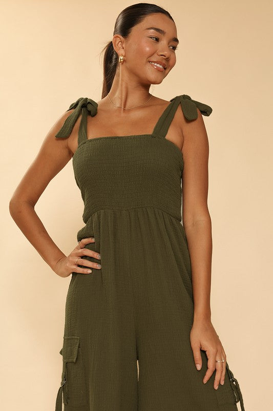 TEEK - Olive Smocked Wide Leg Cargo Jumpsuit JUMPSUIT TEEK FG   