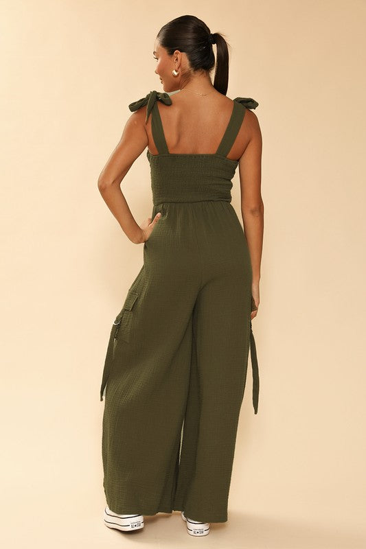 TEEK - Olive Smocked Wide Leg Cargo Jumpsuit JUMPSUIT TEEK FG   