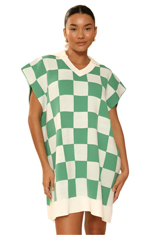 TEEK - Green Check Knit Poncho Dress DRESS TEEK FG S  