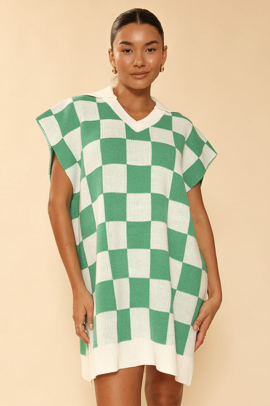 TEEK - Green Check Knit Poncho Dress DRESS TEEK FG S  