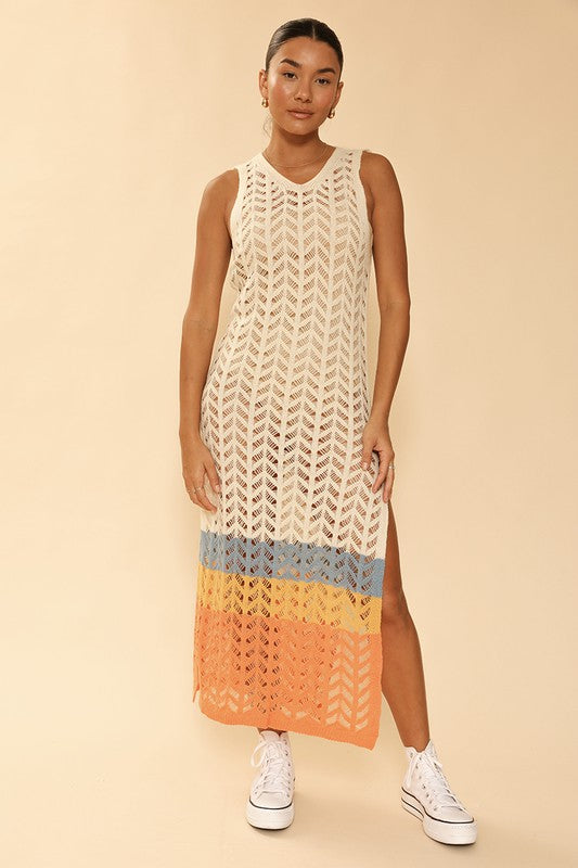 TEEK - Cream Multicolor Knit Color Block Cover Up Dress DRESS TEEK FG S  