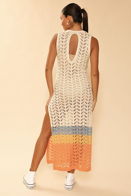 TEEK - Cream Multicolor Knit Color Block Cover Up Dress DRESS TEEK FG   
