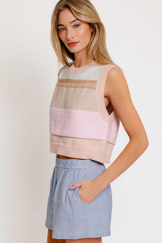 TEEK - Peach Multi Round Neck Sweater Vest TOPS TEEK FG   