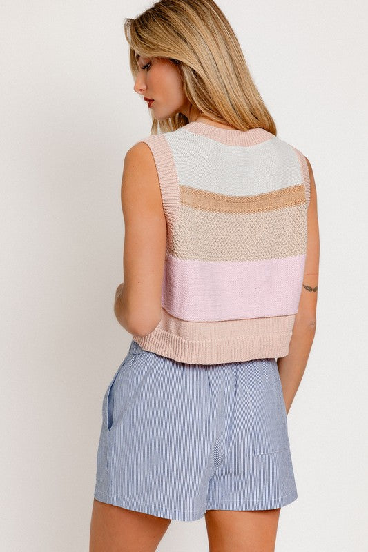 TEEK - Peach Multi Round Neck Sweater Vest TOPS TEEK FG   